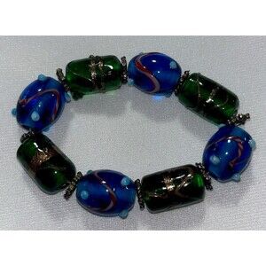 Blue Green Glass Candy Beads Stretch Bracelet
